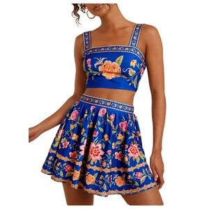 NWT Floerns Tropical Floral Crop Cami Top Flyaway Skirt Set Blue Medium